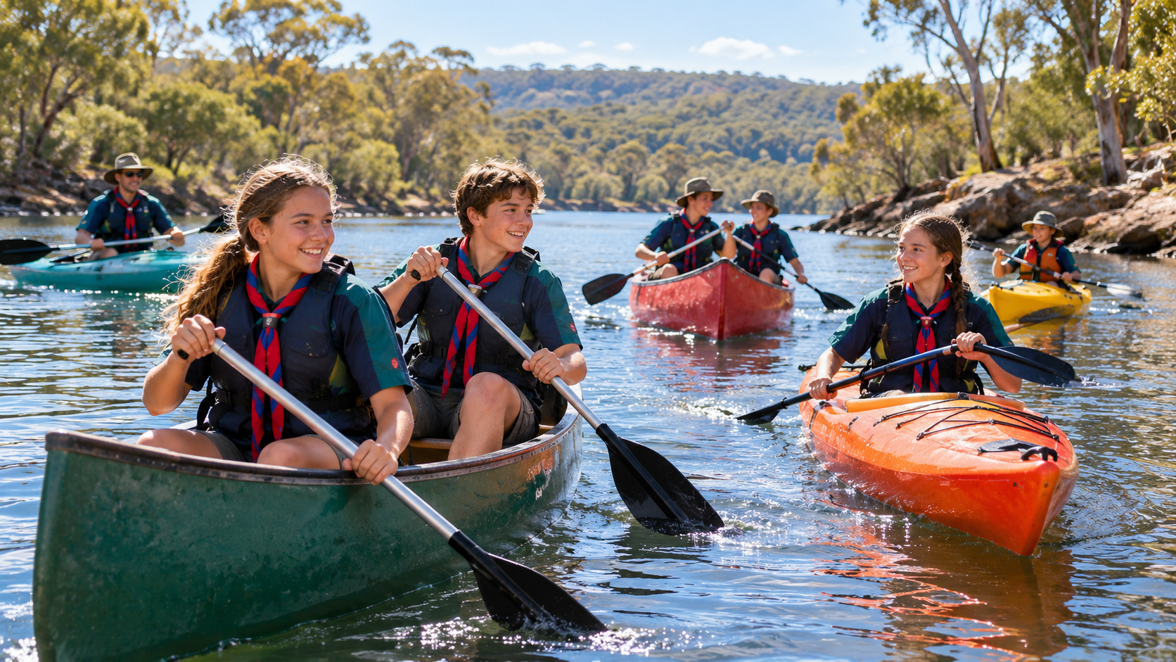 AI-generated Scouts paddling canoes and kayaks